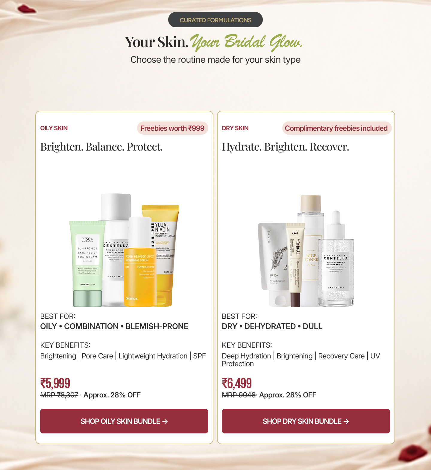 Choose a Beauty Barn bridal glow routine for oily, combination, blemish-prone, dry, dehydrated or dull skin