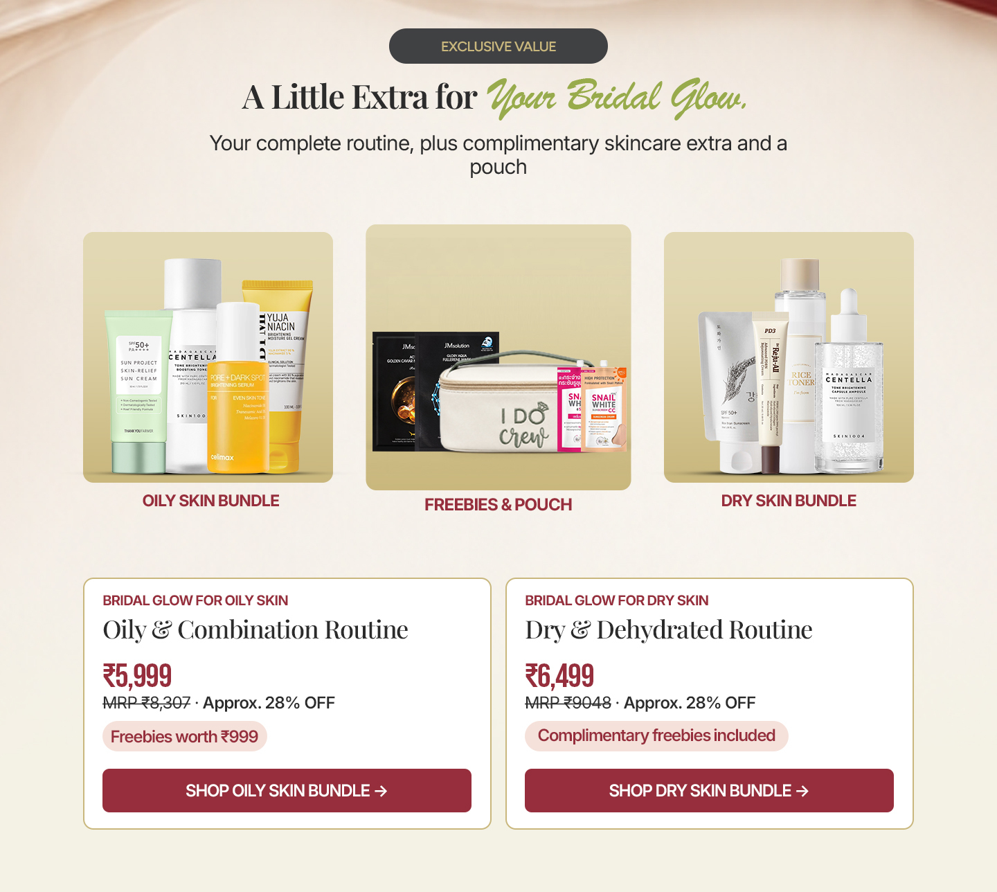 Beauty Barn Bridal Glow oily and dry skin bundles with complimentary skincare freebies and pouch