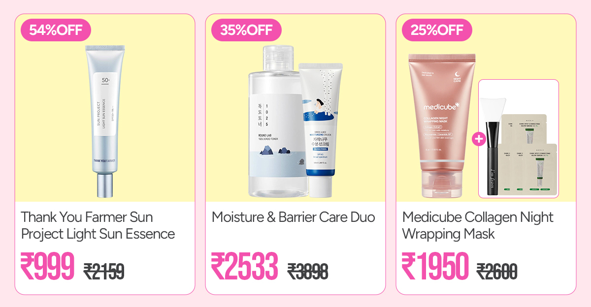 Thank You Farmer Sun Essence, Round Lab Moisture Barrier Duo and Medicube Collagen Night Wrapping Mask offers
